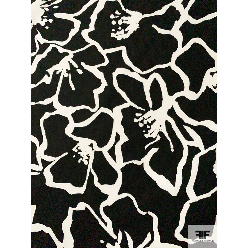 Floral Outline Printed Lightweight Cotton Sateen – Black / White Fabric by the Yard