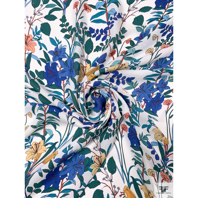 Floral Stems Printed Silk Georgette – Blue / Coral / Teal Green / Off-White Fabric by the Yard