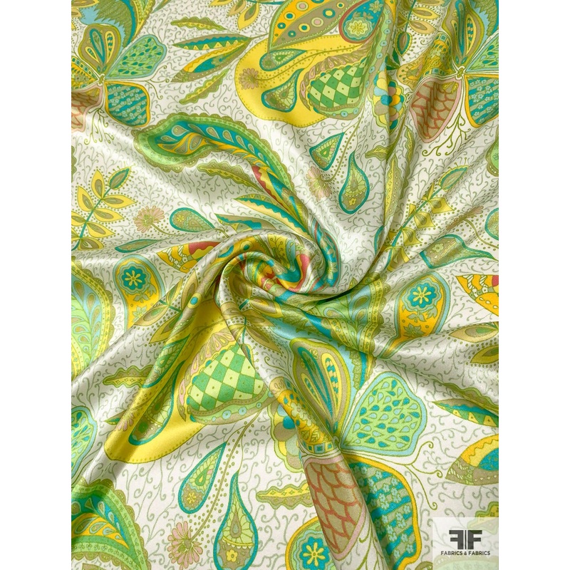 Jovial Paisley Printed Silk Charmeuse – Shades of Green / Yellow / Turquoise Fabric by the Yard