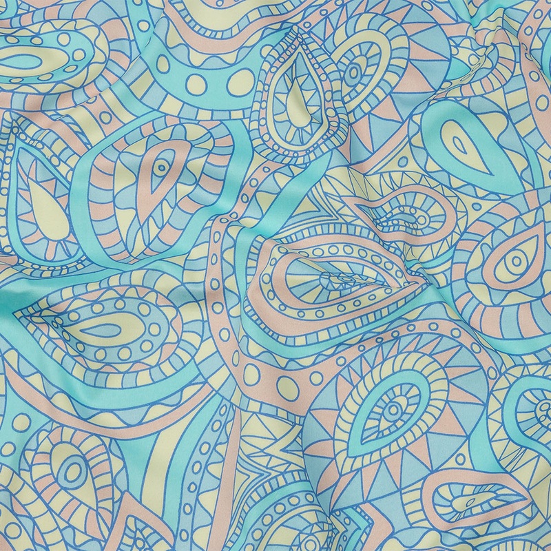 Stretch Cotton Sateen – Blue and Peach Chunky Paisley – Glass Carnival Print – Mood Exclusive Groove Collection