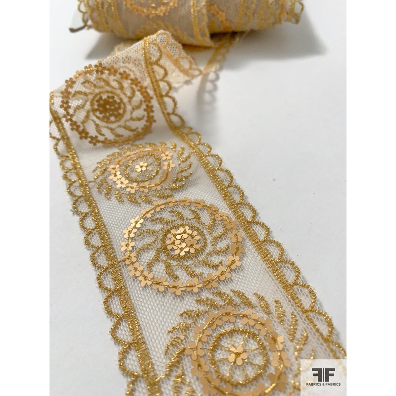 Sun Medallion Pattern Sequined-Tulle Trim – Gold Fabric by the Yard