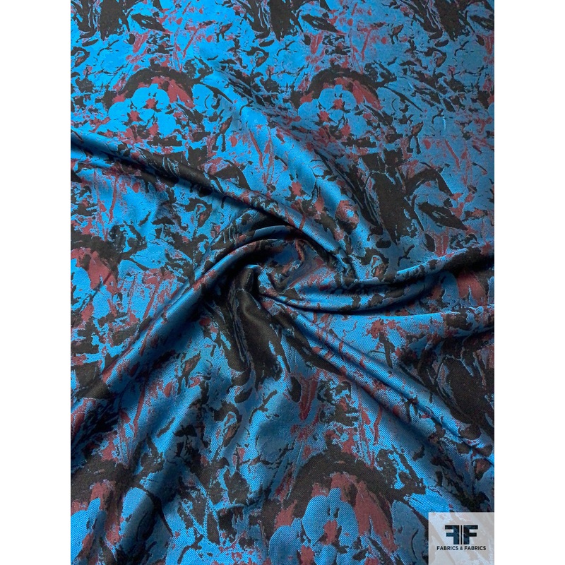 Abstract Splatter Brocade – Ocean Blue / Black / Maroon Fabric by the Yard