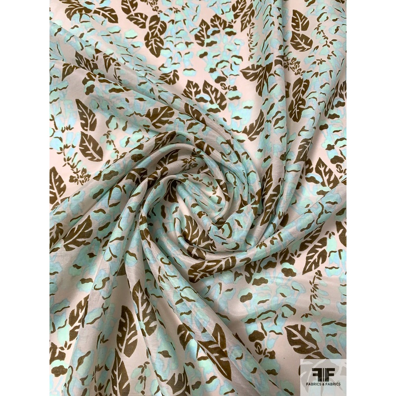 Anna Sui Leaf Inspired Printed Cotton-Silk Voile – Seafoam / Brown / Grey-Beige Fabric by the Yard