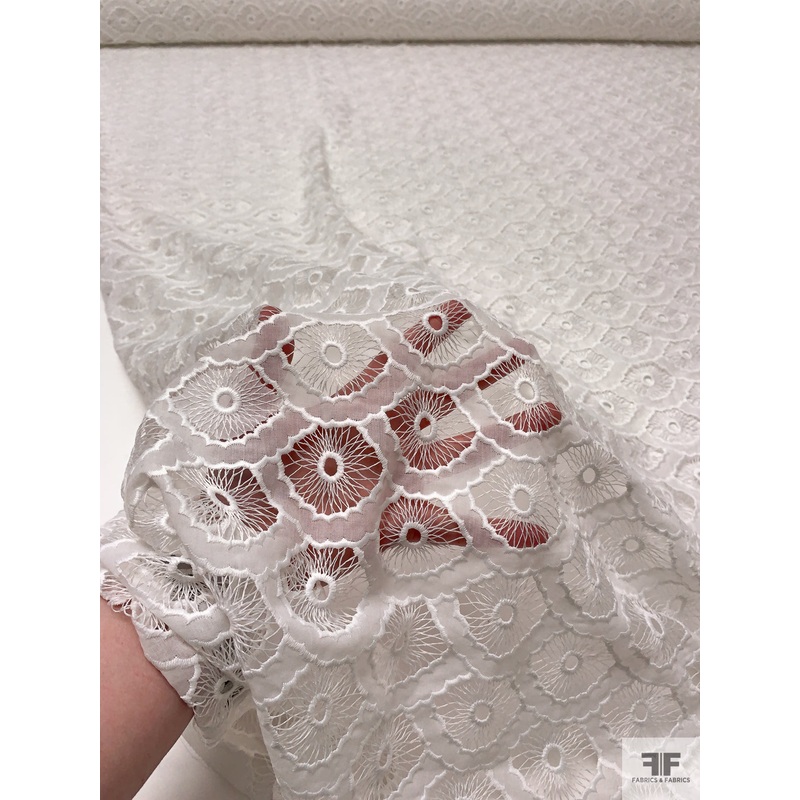 Double-Scalloped Floral Scales Embroidered Eyelet Polyester Voile – White Fabric by the Yard