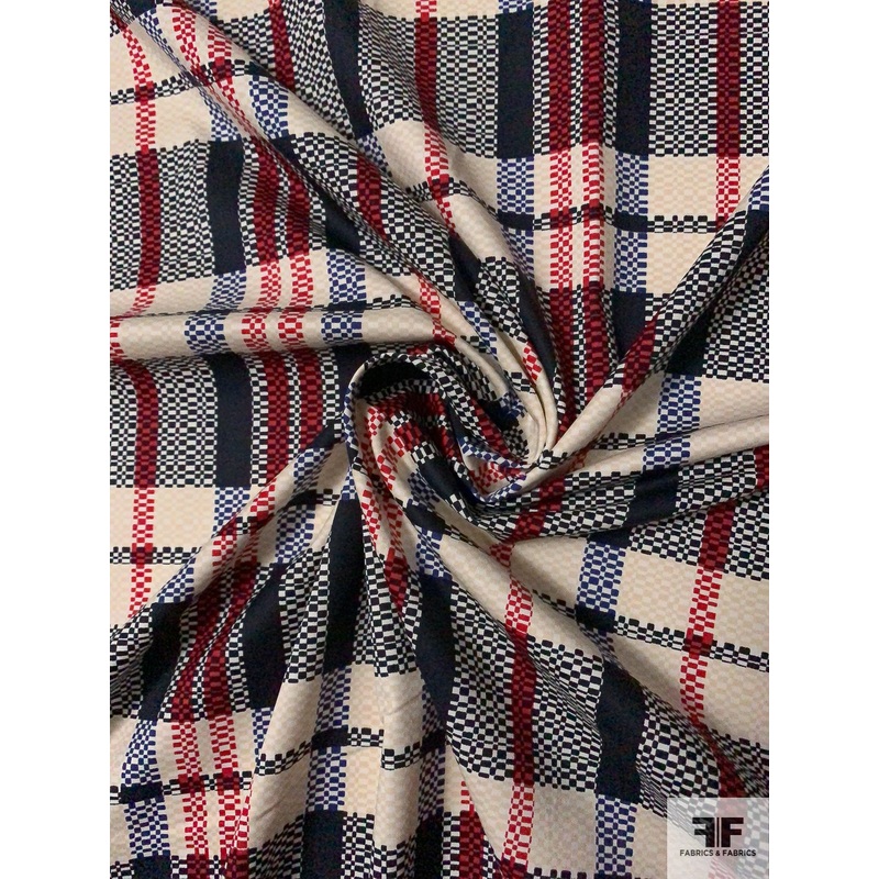 Geo-Plaid Printed Stretch Cotton Sateen – Navy / Red / Beige Fabric by the Yard