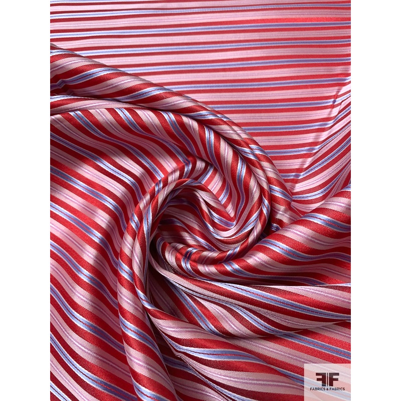 Horizontal Striped Silk Necktie Jacquard Brocade – Red / Light Pink / Blue / White Fabric by the Yard