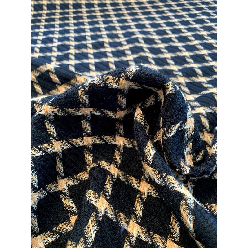 Italian Windowpane Pattern Virgin Wool Tweed – Black / Orange / Off-White Fabric by the Yard