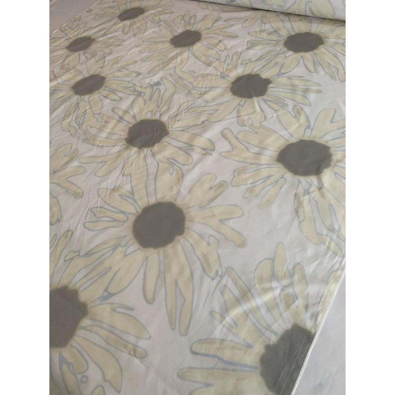 Large Scale Daisey Printed Silk and Cotton Voile – Off-White / Maize / Grey / Blue Fabric by the Yard
