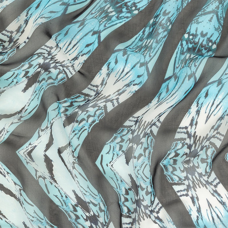 Navy, Sky Blue and White Fans Silk Chiffon