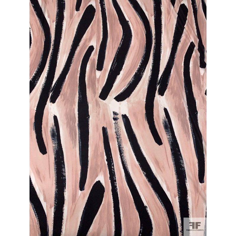 Painterly Brushstroke Striations Printed Silk Jersey Knit – Dusty Blush / Black / Off-White Fabric by the Yard