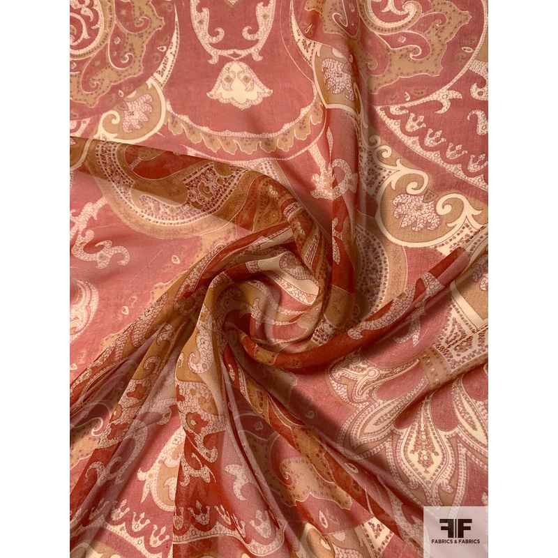 Regal Paisley Printed Silk Chiffon – Burnt Red / Burnt Orange / Off-White Fabric by the Yard