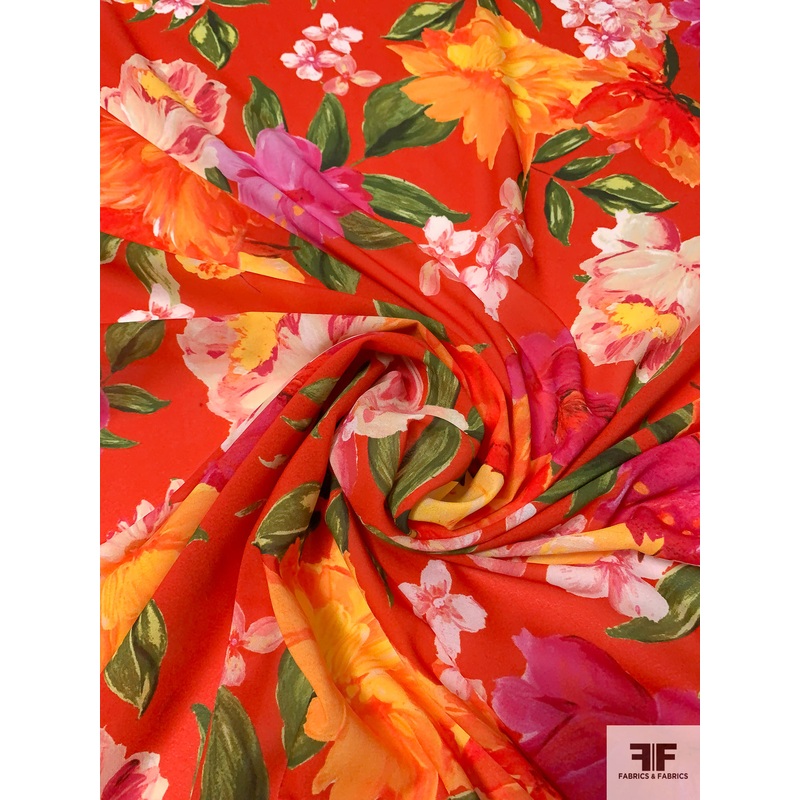 Warm Floral Printed Polyester Georgette – Hot Orange / Green / Magenta Fabric by the Yard