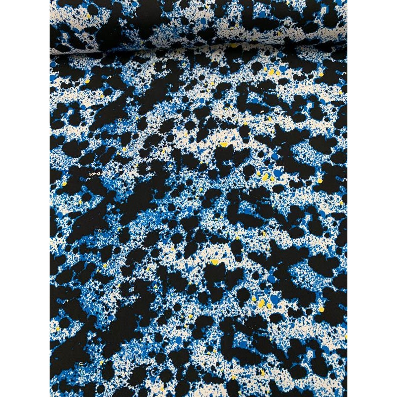 Abstract Splatter Printed Silk Crepe de Chine – Blue / Black / White / Yellow Fabric by the Yard
