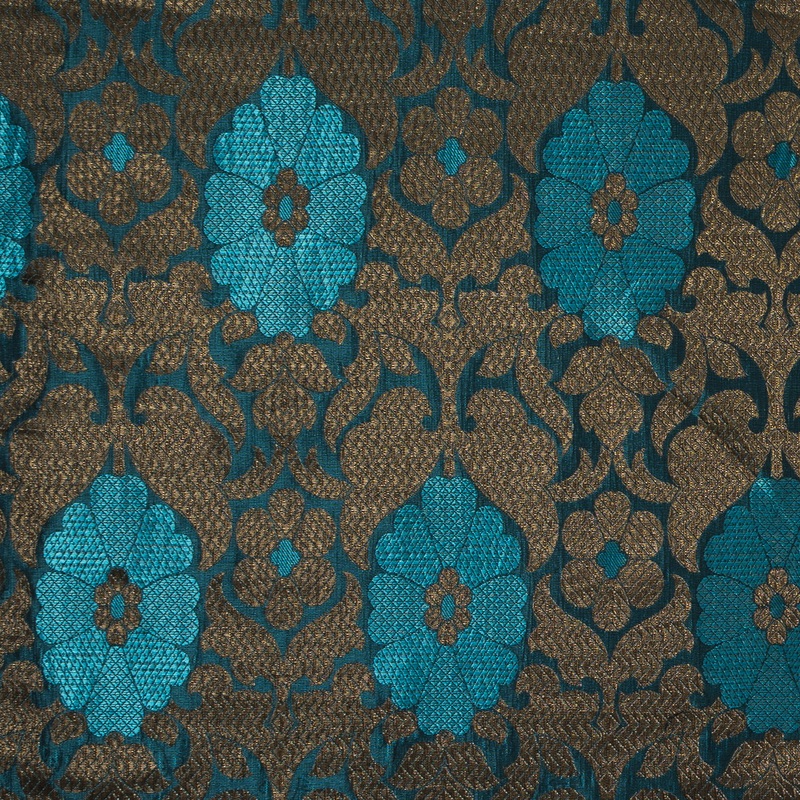 Aqua and Metallic Gold Geometric Floral Jacquard