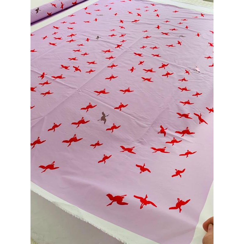 Birds in Flight Printed Stretch Cotton Poplin – Lavender / Red / Dark Platinum Fabric by the Yard
