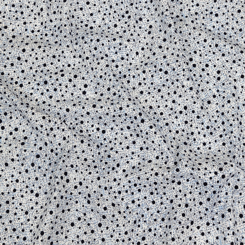 Black Flocked Polka Dots on Blue, Gray and White Abstract Stretch Cotton Shirting