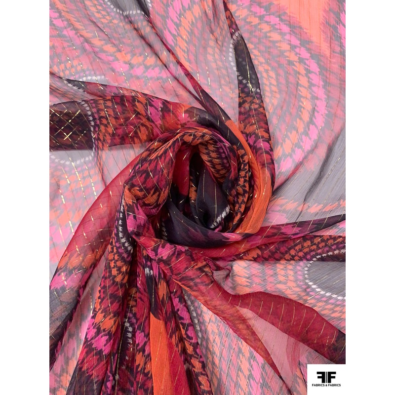 Circle Discs Printed Silk Chiffon with Lurex Stripes – Raspberry / Pink / Coral / Gold Fabric by the Yard