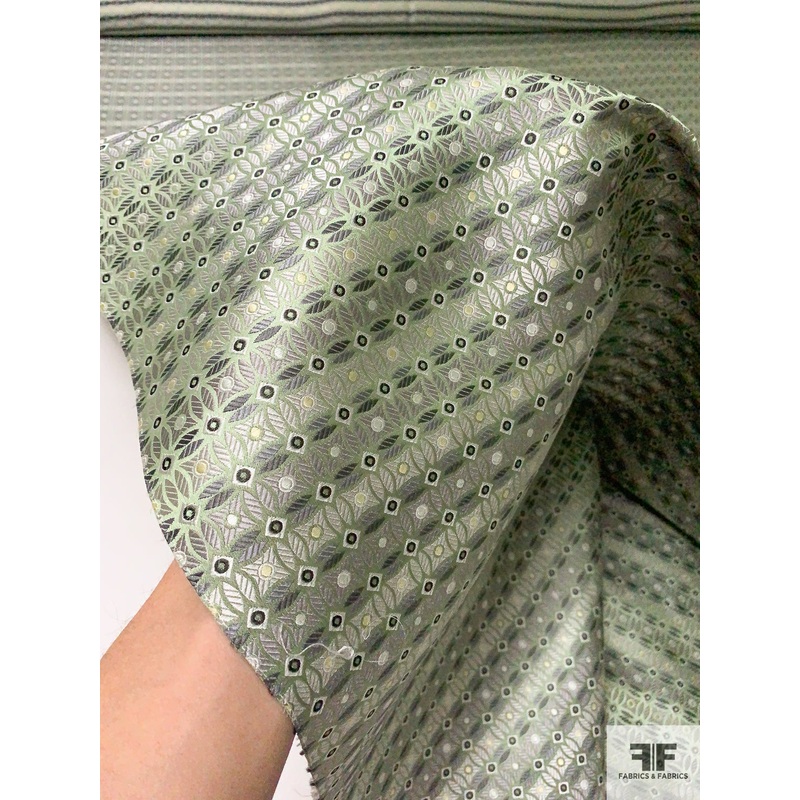 Circle Lattice Silk Necktie Jacquard Brocade – Sage Greens / Grey Fabric by the Yard