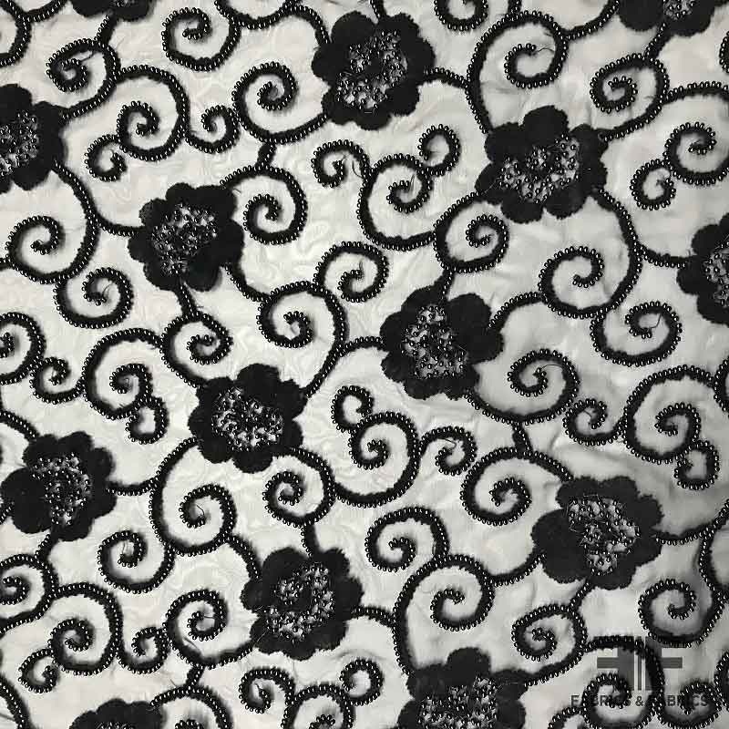 Couture Floral Flocked & Beaded Silk Chiffon – Black Fabric by the Yard