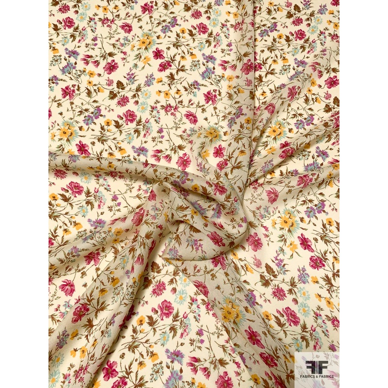 Delicate Floral Printed Silk Georgette – Eggnog / Magenta / Brown / Yellow Fabric by the Yard