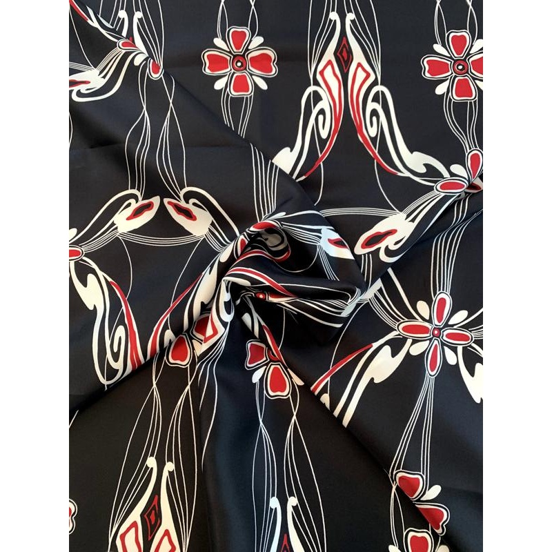 Floral Vines Printed Fine Silk Twill – Black / Off-White / Cranberry Fabric by the Yard