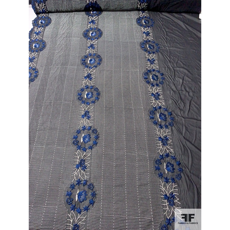 Floral Wreath and Rows Embroidered Silk Chiffon with Lurex Detailing and Scalloped Edge – Navy Blue / Off-White / Black / Metallic Grey Fabric by the Yard