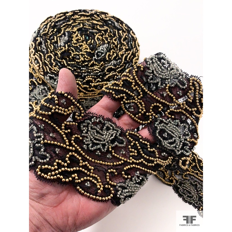French Intricately Beaded Chantilly Lace Trim – Black / Gold / Clear Fabric by the Yard
