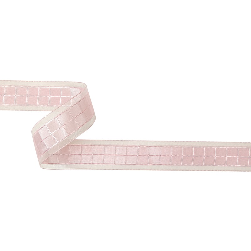 Pale Pink Windowpane Checks and Sheer Borders Woven Ribbon – 1″