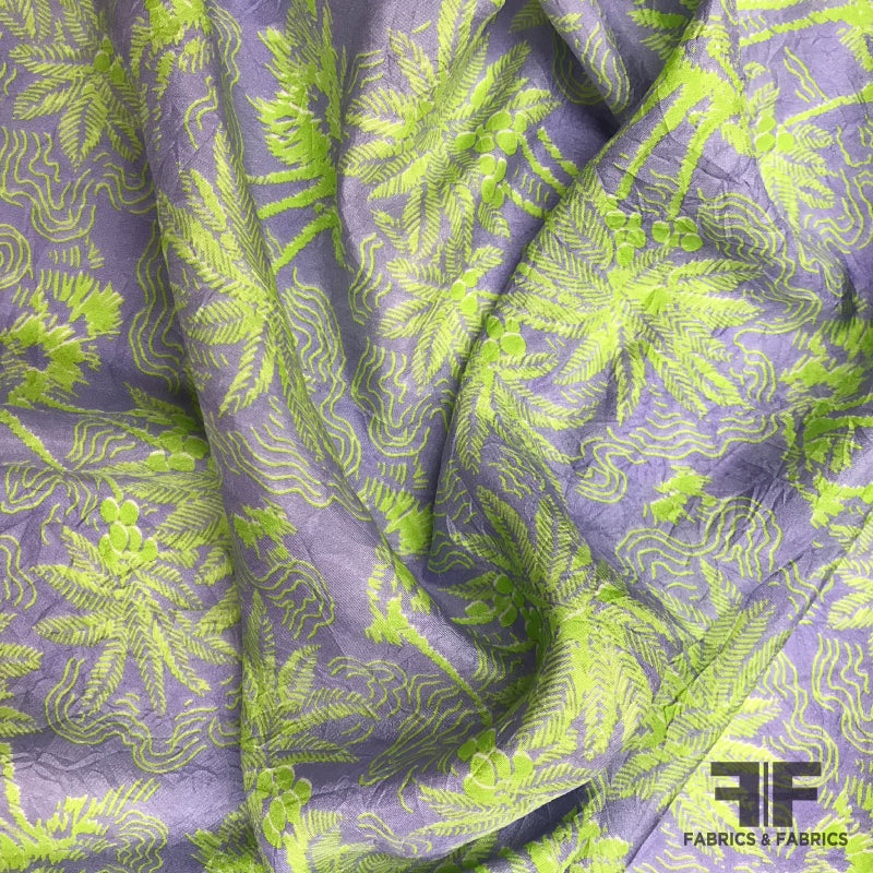 Tropical Printed Silk Crepe de Chine – Lavender/Lime Green Fabric by the Yard