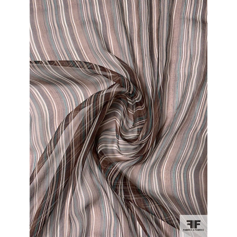 Vertical Striped Printed Lightly Crinkled Silk Chiffon – Brown / Teal / Off-White Fabric by the Yard
