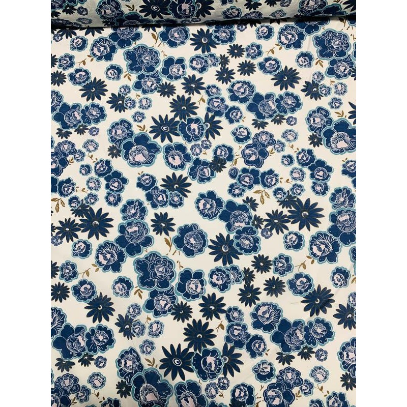 Whimsical Floral Printed Cotton Silk Voile – Blue / White / Olive Green Fabric by the Yard