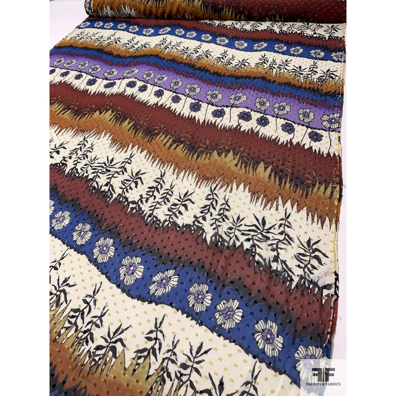 Agriculture Inspired Printed Clip Silk Chiffon – Blue / Browns / Cream / Purple Fabric by the Yard