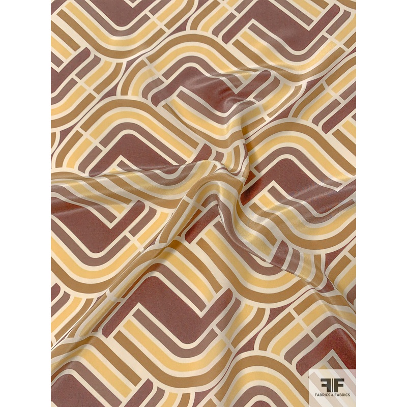 Art Deco Links Printed Silk Crepe de Chine – Browns / Tan / Eggnog Fabric by the Yard