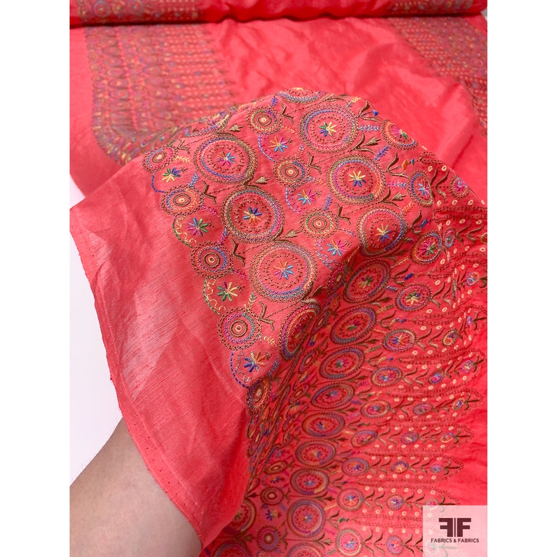 Boho Chic Double Border Pattern Embroidered Silk and Cotton Shantung-Like Voile – Hot Coral Pink / Multicolor Fabric by the Yard