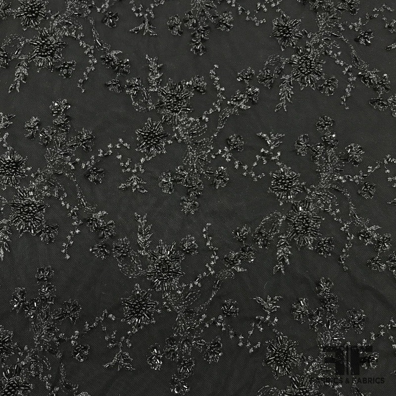 Couture Floral Beaded Netting – Black Fabric by the Yard