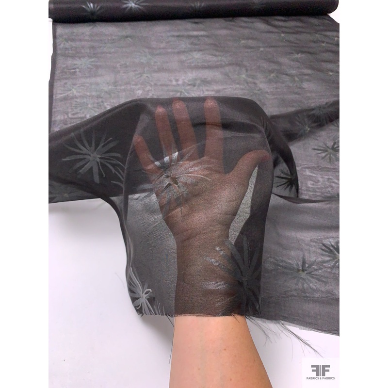 Floral Shimmer Printed Motif Silk Organza – Black / Millstone Grey Fabric by the Yard