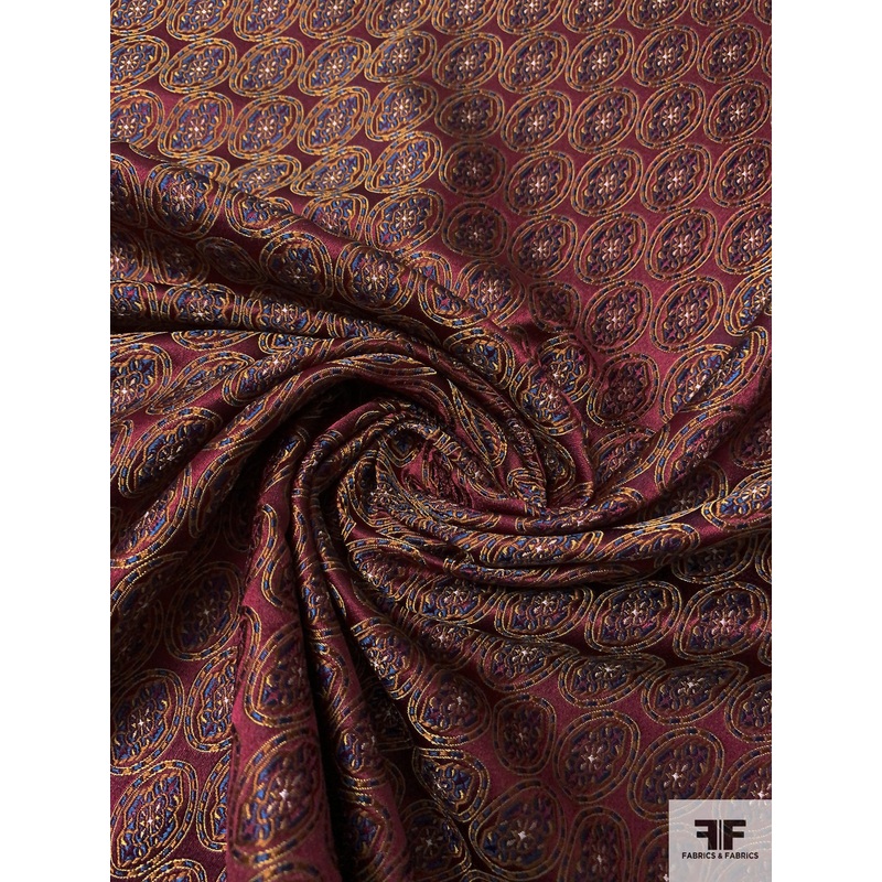 Florals in Oval Silk Necktie Jacquard Brocade – Maroon / Navy / Copper Fabric by the Yard