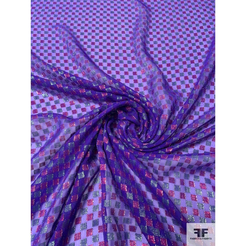 French Geometric Grid Silk and Lurex Chiffon – Purple / Green / Magenta Fabric by the Yard