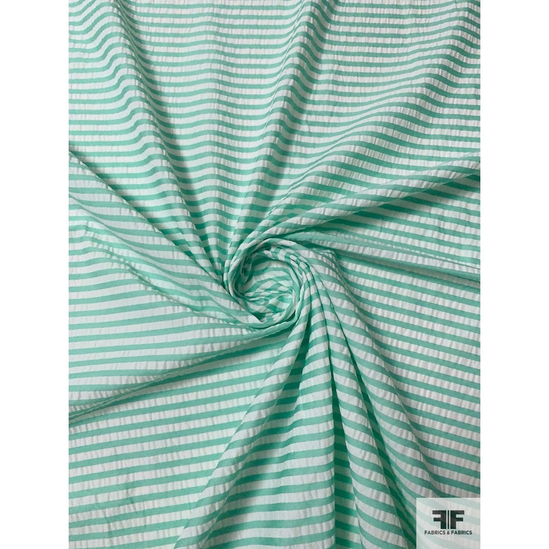 Horizontal Woven Striped Seersucker-Like Cotton Blend – Aquamrine / White Fabric by the Yard