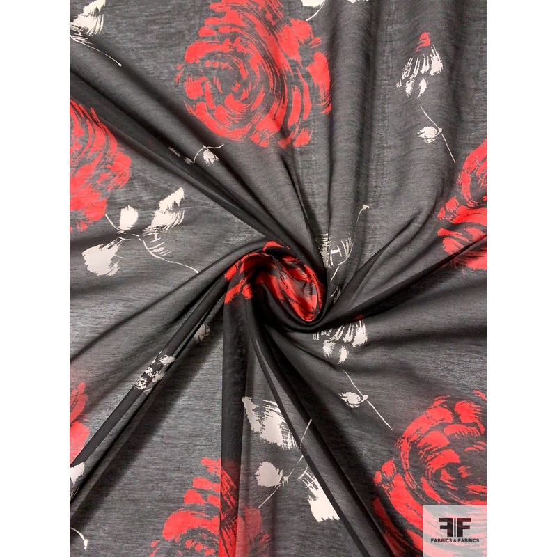 Italian Passionate Rosettes Printed Cotton-Silk Voile – Red / Black / White Fabric by the Yard