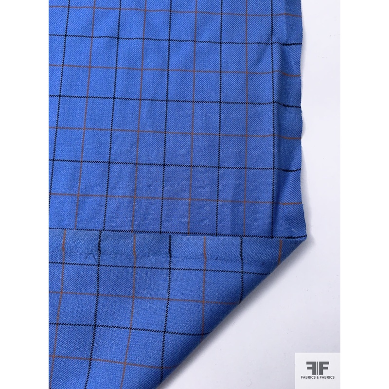 Made in England Small Windowpane Gabardine Wool Suiting – True Blue / Burnt Orange / Black Fabric by the Yard