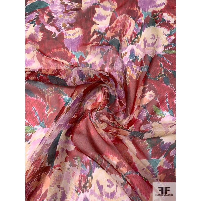 Prabal Gurung Hazy Floral Printed Silk Chiffon – Burgundy / Teal / Muted Yellow Fabric by the Yard
