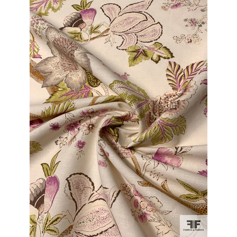 Vintage-Look Floral Printed Heavy Linen Cotton – Ivory / Orchid / Green / Earth Fabric by the Yard