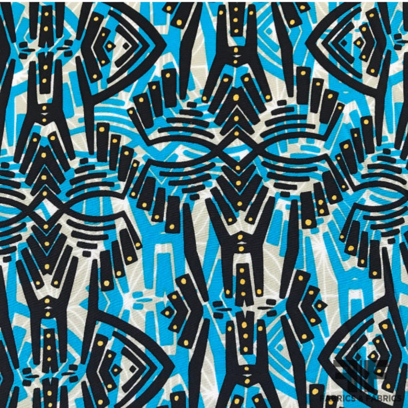 Abstract Ethnic Printed Silk Crepe de Chine – Blue/Black Fabric by the Yard