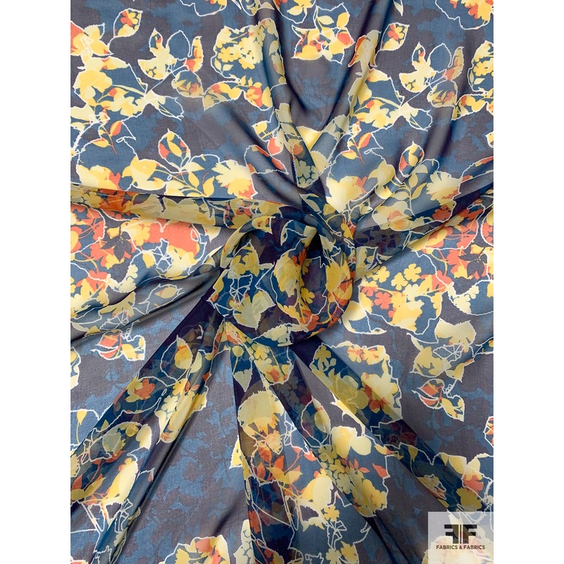 Abstract Leaf Printed Silk Chiffon – Yellow / Navy / Teal / Orange Fabric by the Yard