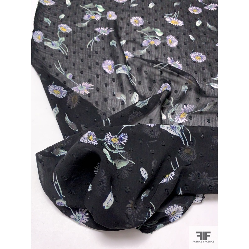Dainty Floral Printed and Clip Dot Polyester Chiffon – Black / Light Violet / Dusty Green / Yellow Fabric by the Yard