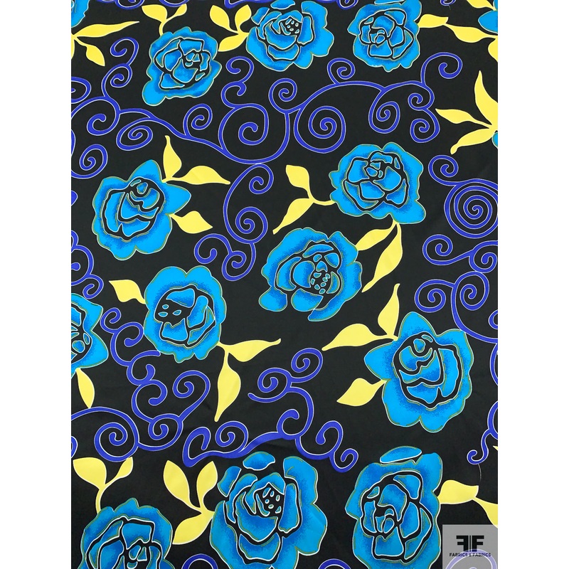 Floral and Swirl Vine Printed Silk Charmeuse – Turquoise / Royal Blue / Yellow / Bladk Fabric by the Yard