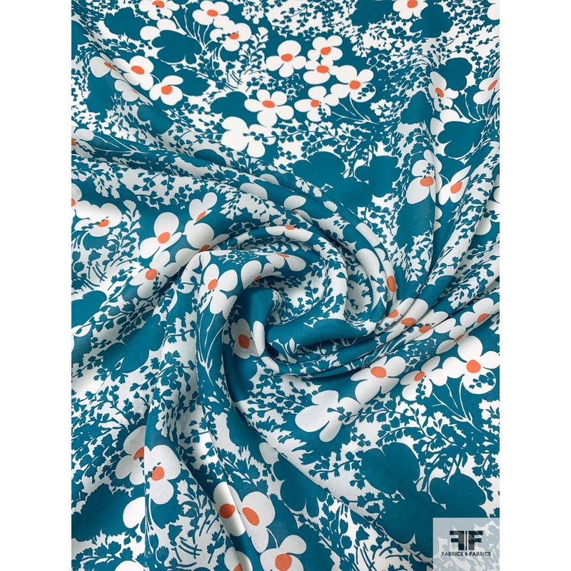 Floral Silhouette Printed Silk Georgette – Teal / Orange / White Fabric by the Yard