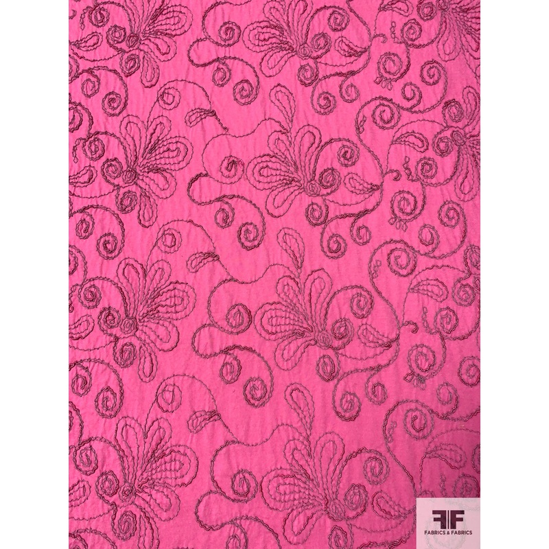 Floral Swirl Corded Embroidered Cotton Jersey Knit – Berry Pink / Magenta Fabric by the Yard