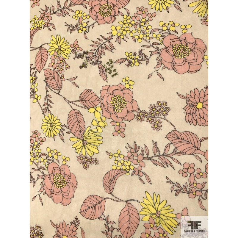 Leaf and Floral Printed Silk Chiffon – Salmon / Yellow / Beige Fabric by the Yard